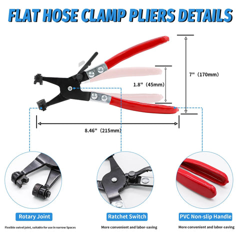 PEROMI flat hose clamp pliers with red handles; black body, 7-inch tool, rotary joint, ratchet switch, PVC non-slip handle.