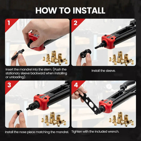 Installation steps for Rivet Nut Tool Kit With 16 Inch Heavy Duty Rivet Nut Tool 12 Mandrels Metric And SAE 230 Nuts.