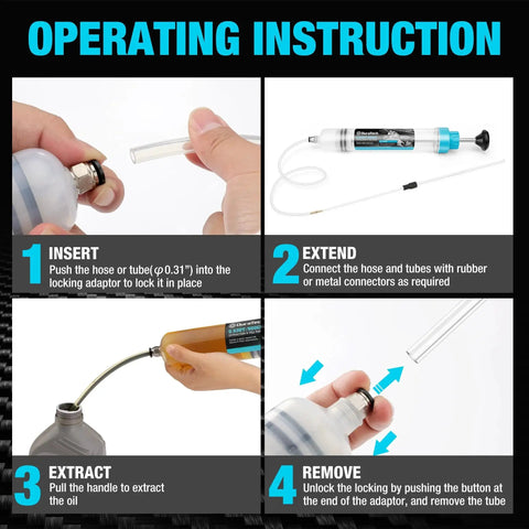 Operating instructions for 500cc Fluid Extractor With Long Hose And Extension Tubes For Brake Fluid And Oil, showing assembly and use steps.