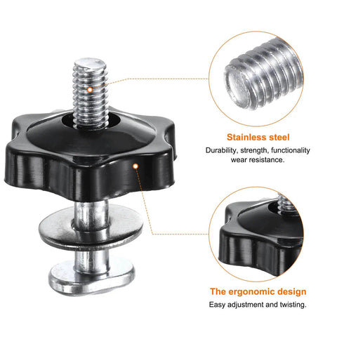 Close-up of Five Piece T Track Bolt And Knob Kit with M6 threads, 40mm bolt, 32mm knob head, stainless washer, black and silver finish.