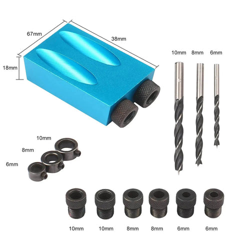 Pro Grade Pocket Hole Jig Kit With 15 Degree Dowel Drill Set And 6mm 8mm 10mm Drive Adapters for woodworking angled holes.