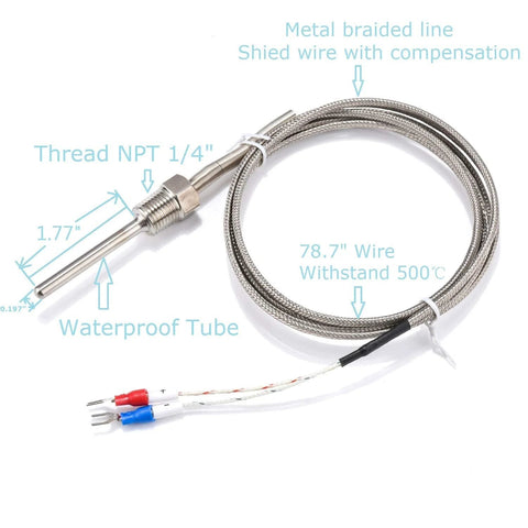 K-type waterproof grounded thermocouple probe with 1/4 in NPT stainless steel tube and 2 m insulated shielded lead wire