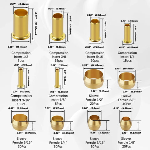 Diagram showing Brass Compression Fittings Kit, 280 Pieces, with six sizes from 1/8 to 1/2 inch, featuring inserts and sleeve ferrules.