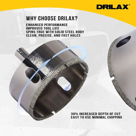 Premium Diamond Hole Saw Two And Three Quarters Inch Core Drill Bit For Tile Glass Granite And Porcelain With One And One Eighth Inch Cut Depth And Three Eighths Inch Shank for clean precise holes, showing close-up of diamond-coated edge.