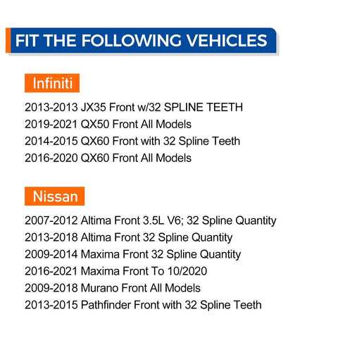 Fitment list for Pair Front Wheel Hub Bearing Assembly 513296 Fits Infiniti JX35 QX50 QX60 Altima Maxima Murano Pathfinder Quest 2013-2021