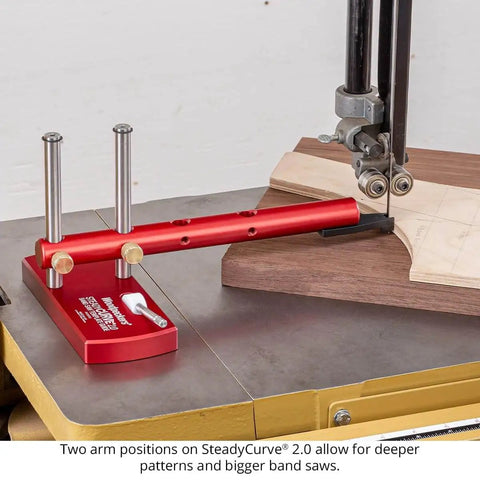 SteadyCurve 2.0 Band Saw Template Guide With Magnetic Base on band saw table, showing adjustable arm and blade offset feature SC2-25.