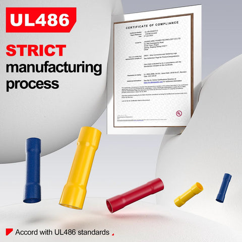 AIRIC UL-listed insulated butt connectors for 22–16 AWG, PVC wiring, assorted colors (blue, yellow, red), 5 pcs