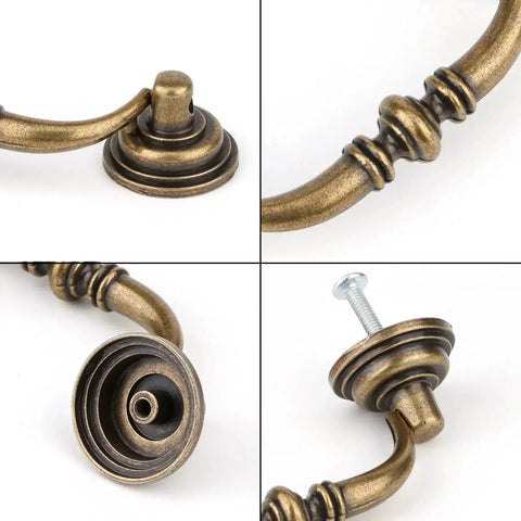Antique Drop Bail Drawer Pulls Set Of Four In Bronzed Finish, close-up of vintage cabinet handles with screws