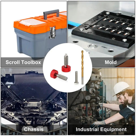Handle Release Pins Kit With 2 Stainless Steel M6 Quick Release Pins Retractable Spring Plunger Bolt And Drill Bit For Toolbox Removal Red Heavy Duty Durable Easy Pin Access visible with toolbox, mold, chassis, industrial equipment.