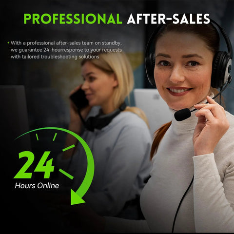 Customer service representative with headset smiling, two women in a call center, 24-hour online support graphic