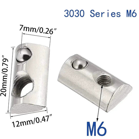 M6 T Slot Nuts For 3030 Aluminum Extrusion 8mm Slot Roll In Spring Ball Loaded Elastic Nuts Carbon Steel Nickel Plated