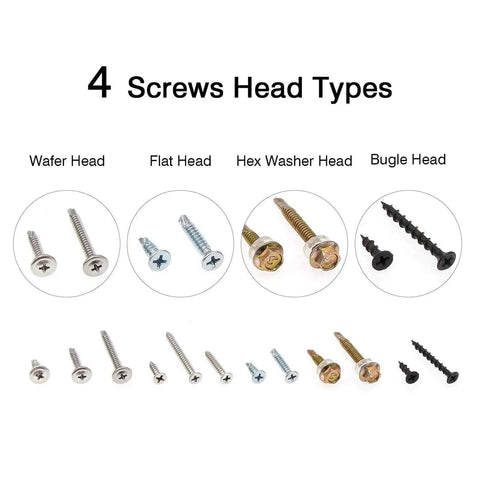 Image showing four screw head types from the All Purpose Self Drilling And Self Tapping Screws Kit For Drywall Metal And Wood Zinc Plated Assortment.