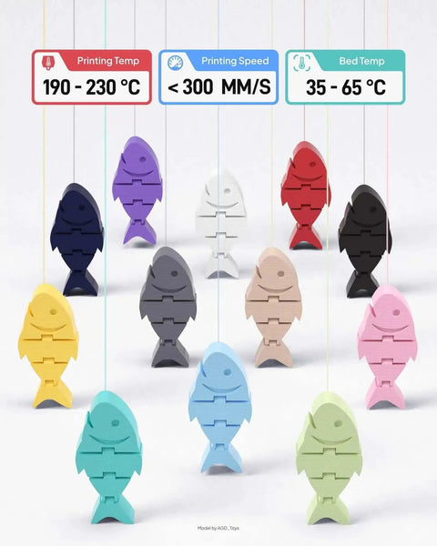 Colorful fish models printed with 1.75mm filament, showcasing printing temp, speed, and bed temp for various PLA filaments.