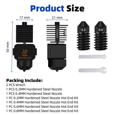 Product size and components of Pro Grade Drop In Multi Size Hotend Kit With 0.2mm 0.4mm 0.6mm 0.8mm Nozzles For A1 Mini And A1 3D Printers