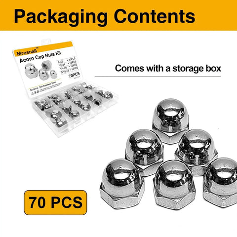 Acorn Nut Kit 70 Piece Stainless Steel Dome Head Hex Cap Nuts Set with packaging shown, ideal for indoor and outdoor DIY projects