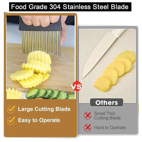 Stainless Steel Crinkle Cutter For Veggies And Potatoes Large Waffle Fry Slicer With Non Slip Ergonomic Handle Perfect For Restaurant Style Fries Wavy Veggie Chips Fruit Slices And Everyday Home Kitchen Prep 1 Pack shown slicing potatoes and cucumbers.