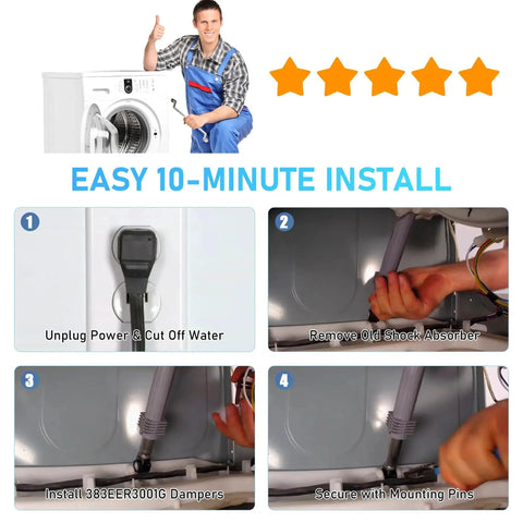 Washer shock absorbers for LG washing machines, 3-pack, installation steps graphic