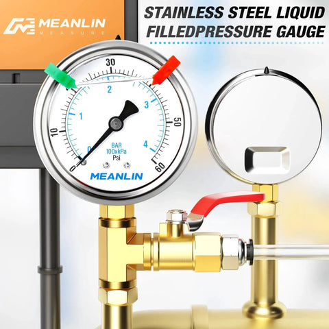 Stainless Steel Liquid Filled Pressure Gauge 0 to 60 Psi Range, 2.5 Inch Dial, Lower Mount, Glycerin Filled for Water Oil Air