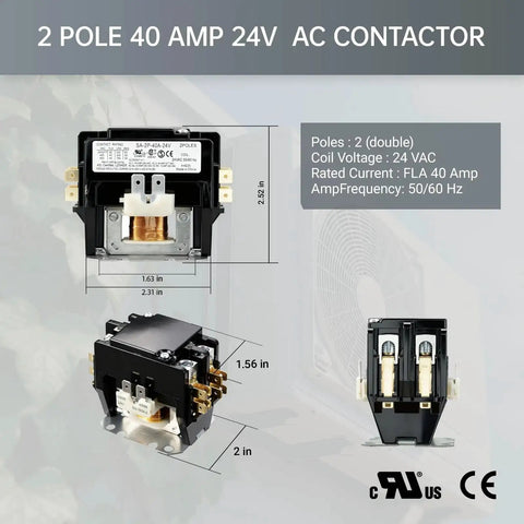 Two Pole 40 Amp AC Contactor With 24V Coil, Fully Enclosed Housing, suitable for compressors and heating systems, three angles shown