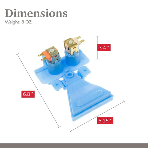 Front view: blue washer water valve replacement with dual solenoid blocks; 6.8 in long, 5.15 in wide, 3.4 in tall.