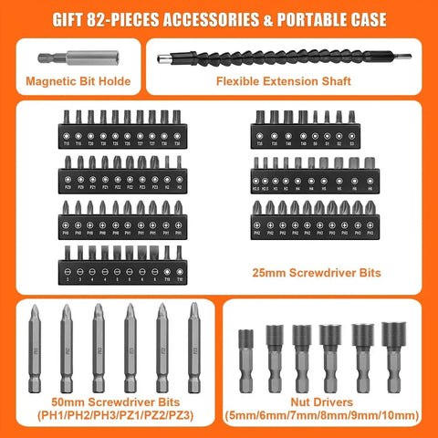 Cordless Screwdriver Kit With 8V Max Power 10Nm Torque 230 RPM accessory set featuring magnetic bit holder and screwdriver bits