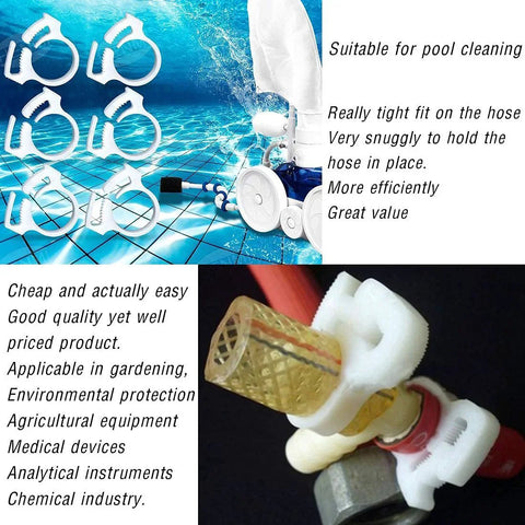 Heavy Duty Nylon Hose Clamps Set With Double Snap Grip And Ratcheting Adjustment 50 Pack Includes One Quarter Inch Five Sixteenth Inch One Half Inch Five Eighth Inch And One Inch Sizes For Secure Fastening Reusable And Easy To Install, shown with pool cleaning equipment and installed on a garden hose.