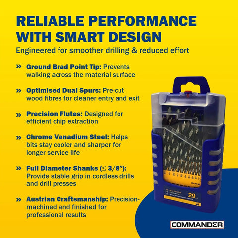 Image of Brad Point Wood Drill Bit Set In Chrome Vanadium, 29 Piece displayed in a protective case, highlighting product features.