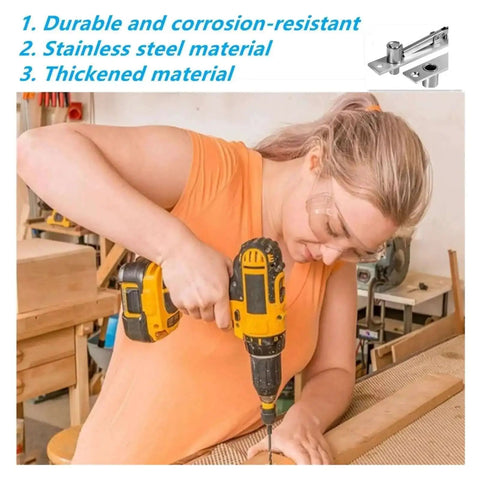 Person using drill to install Heavy Duty Hidden Pivot Door Hinge Kit 360 Degree Rotation Stainless Steel for secret doors