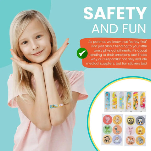 Smiling girl with band-aid and fun sticker collection from Travel First Aid Kit For Kids Designed By A Mom And A Nurse