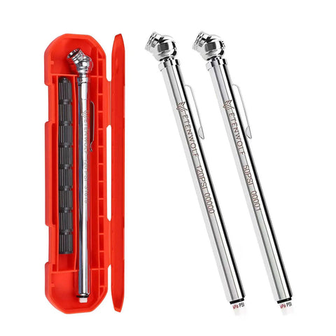 Easy Read Pencil Tire Pressure Gauge Set For Cars Trucks RVs And Bikes By ETENWOLF, Dual Range 10 To 50 PSI And 20 To 120 PSI, 16 Caps, Stainless Steel Body, ANSI B40.1 Grade B Calibration in red case.