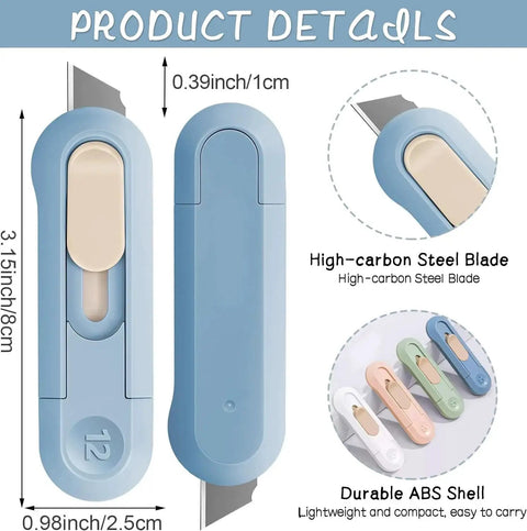 4 Pack Retractable Box Cutter For Opening Boxes Envelopes And Packages showing blue cutter details and dimensions
