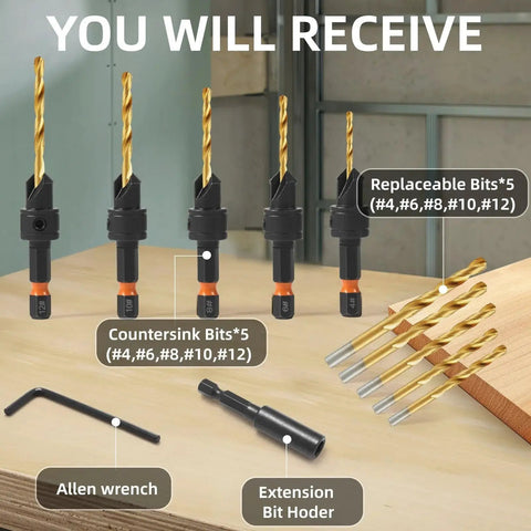 Pro Grade HSS Adjustable Countersink Drill Bits Set For Woodworking With Magnetic Extension And Storage Box 12 Piece Including Sizes 4 6 8 10 12 By YQANDL on display.