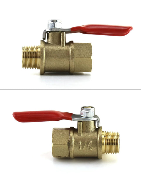 QWORK brass ball valve with red lever, 1/4" male x female NPT fittings.

QWORK brass ball valve side view with red lever, 1/4" NPT male x female threads.