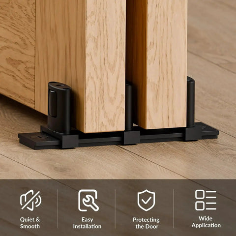 Image of Three Roller Adjustable Floor Guide for siding closet doors and bypass sliding doors, aluminum, black finish installed on wooden floor.