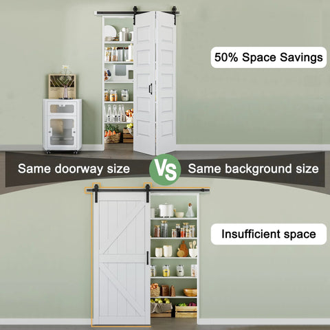 Comparison showing 128 By 84 Inch Pre Assembled Bifold Barn Door With Five Lite Bi Fold Sliding Closet Doors And Hardware Kit Included.
