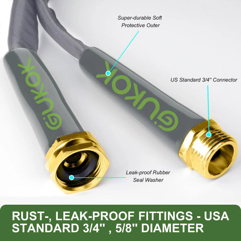 Two gray GUKOK 100ft non-expanding garden hoses with brass fittings and US 3/4 inch connectors