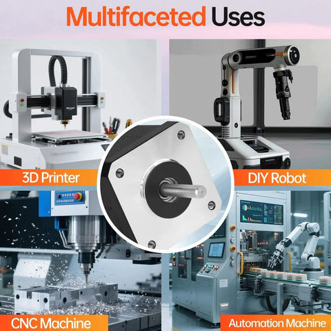 Collage showing usage of Five Pack Nema 17 Stepper Motor 1.8 Degree Bipolar 2 Phase High Torque in 3D Printer, CNC Machine, DIY Robot.