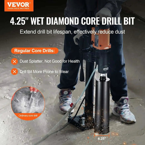 Beast Mode Diamond Core Drill Bit For Wet Concrete 4.25 Inch Diameter 14 Inch Depth Saw Blade Included 1-1/4 Inch 7 Inner Thread Laser Welded Construction For Tough Concrete And Brick VEVOR in use on concrete surface.