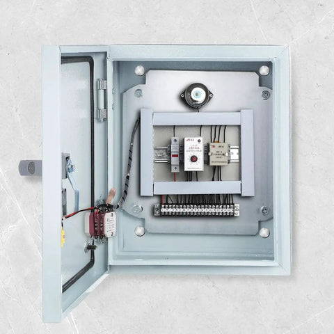 Inside view of Heavy Duty Outdoor Weatherproof Electrical Box Wall Mount Control Enclosure Junction Box Thickened Steel Cabinet With Lockable Panel 250 By 300 By 140 mm For Industrial Use