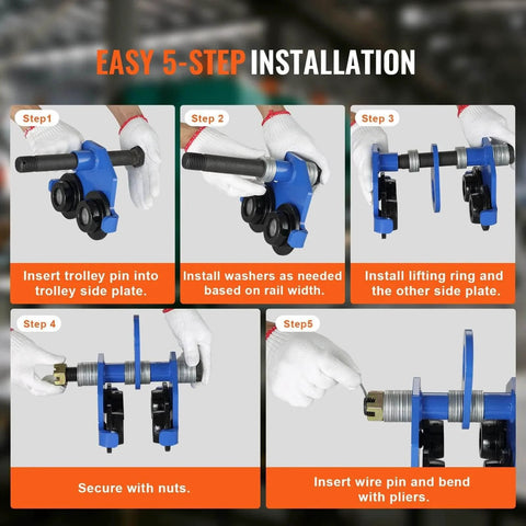 Manual Trolley for I Beams 2 Ton Load Capacity installation guide with five steps showing assembly of blue dual wheels trolley with gloves