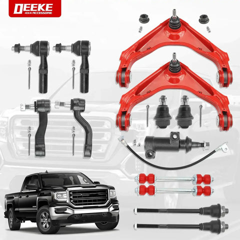 Chevy Silverado GMC Sierra Front End Suspension Kit 13 Piece With Control Arms Ball Joints Tie Rods displayed with truck