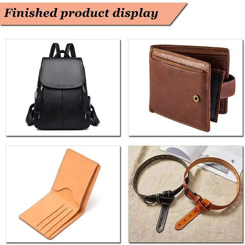 Backpack, wallets, and belts displayed as finished products in various colors and materials.