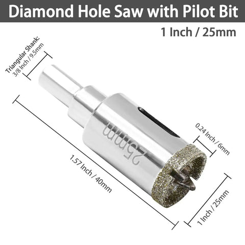 One Inch Diamond Hole Saw With Pilot Drill Bit For Glass Tile Marble Granite Porcelain Quartz Fiberglass Ceramic Cuts Clean Holes In Bathrooms And Kitchens With Heavy Duty 1.57 Inch Cutting Depth And 25mm Diameter Triangular Shank