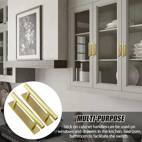 Gold ABS self-adhesive handles on glass cabinets in kitchen, 10 Pack Self Adhering Push Pull Handles ABS Plastic For Wardrobe Cabinets Drawers Instantly Improve Access With No Drilling Leaves No Traces On Smooth Surfaces Gold Finish Durable Easy To Install.