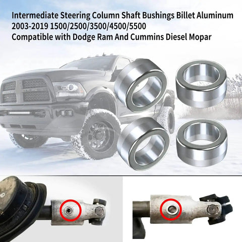 4 Pack Billet Aluminum Steering Shaft Bushings For Dodge Ram Cummins Mopar shown with installation view