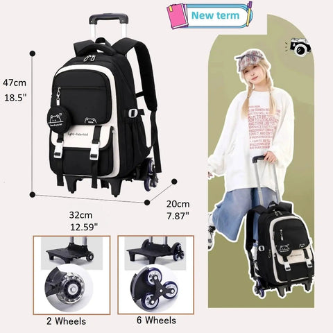 Kids Rolling Backpack With Wheels For School, Durable Water Resistant Nylon Trolley Bookbag for Boys and Girls, With Size Details