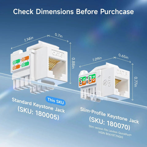 Standard and slim-profile Cat6 keystone jacks with dimensions, SKU 180005 and 180070, for 25 Pack Cat6 Keystone Jacks 10Gbps RJ45 Ethernet.