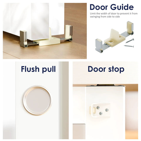 Close-up of components in the 60 Inch Bypass Sliding Door Hardware Kit for Closets and Living Spaces, including door guide, flush pull, door stop.