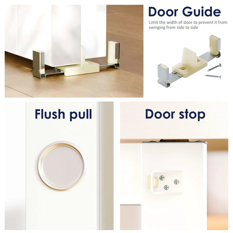 Close-up of door guide, flush pull, and door stop from 72 Inch Bypass Sliding Door Hardware Kit For Closet Doors With Double Track Smooth