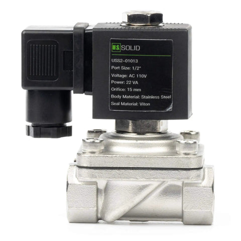 Front view of a 1/2 Inch Stainless Steel Solenoid Valve, 110V AC Normally Closed Electric Valve With Viton Seal And Junction Box
